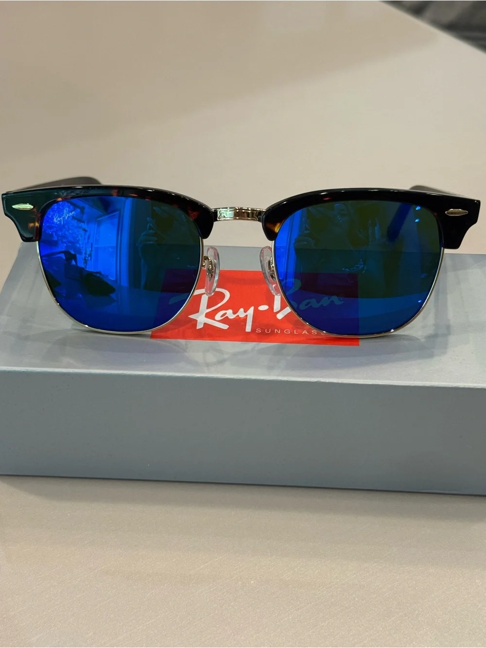 Ray-Ban Tortoiseshell Clubmaster Sunglasses with Blue Mirrored Lenses